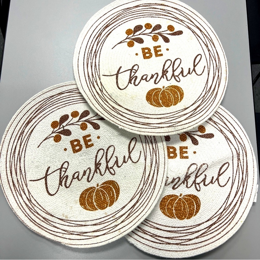 BE THANKFUL Thanksgiving Pumpkin Autumn FALL Round Table Placemats Set Of 3